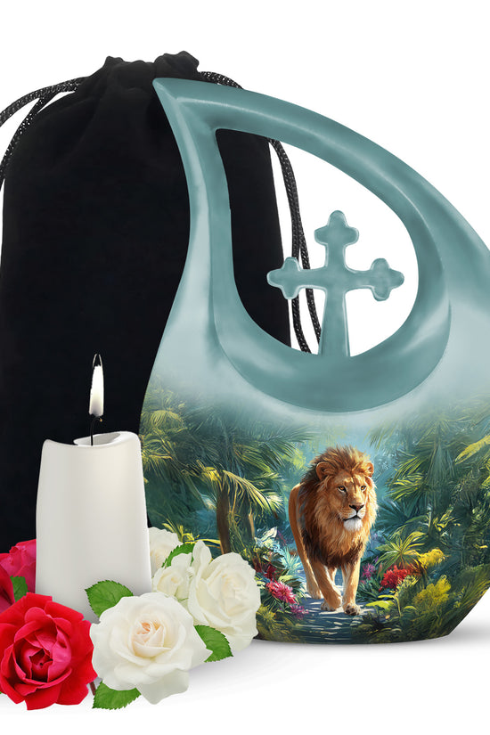 Jungle Lion Memorial Urn - Tropical Forest Cremation Urn For Dad