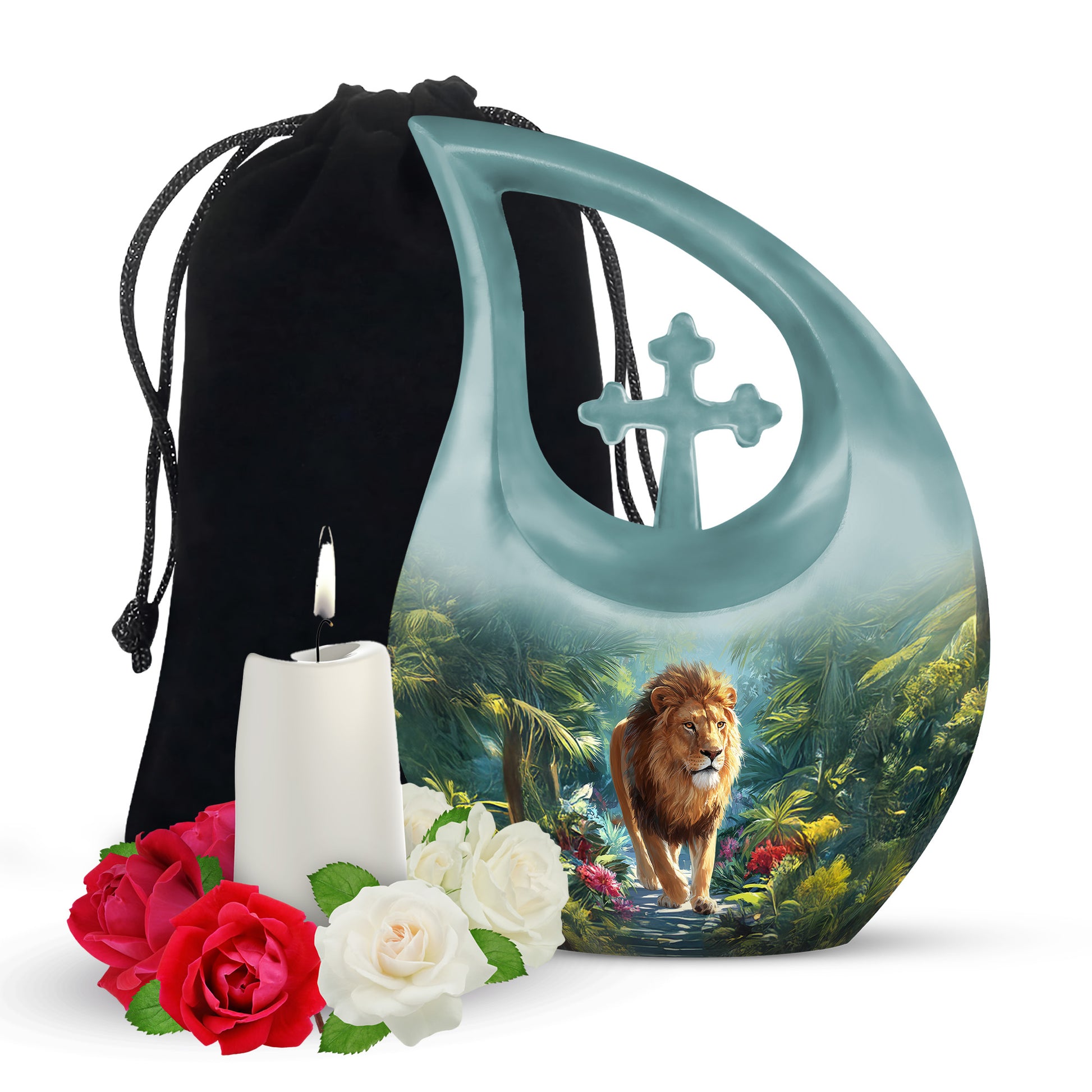Jungle Lion Memorial Urn - Tropical Forest Cremation Urn For Dad