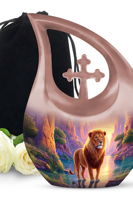 Lion Sunset Funeral Urn - Purple Aluminium Cremation Urn For Human Ashes