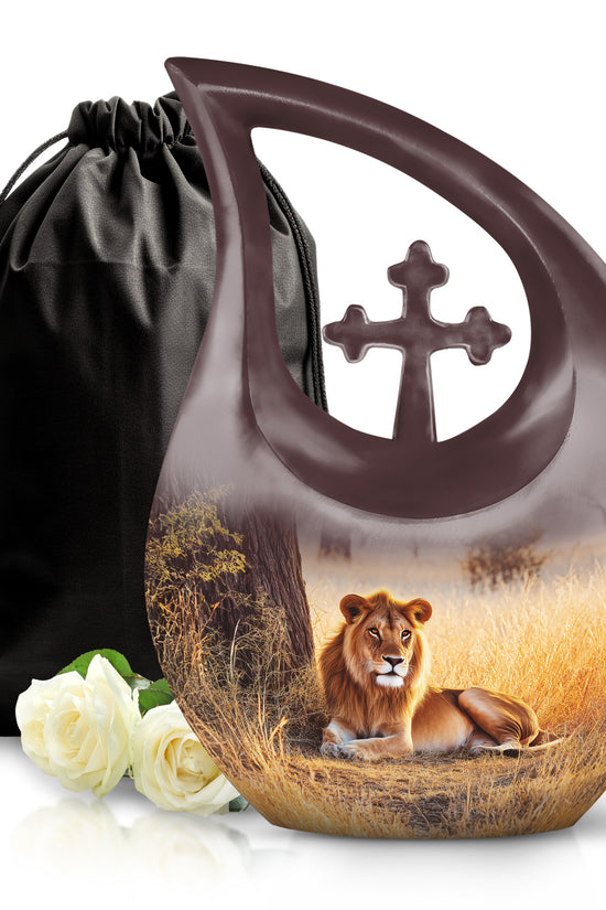 Forest Lion Cremation Urn - Aluminium Memorial Urn For Burial