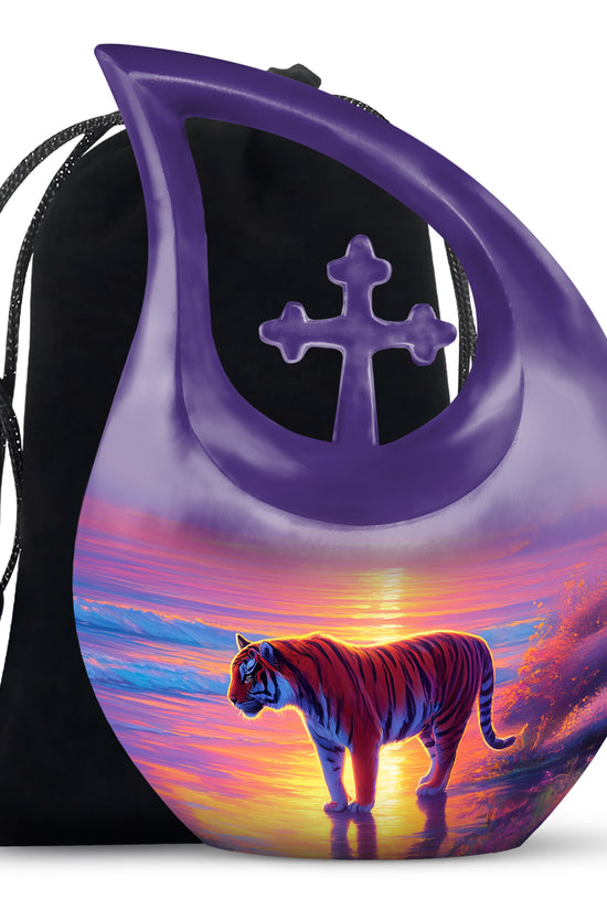 Tiger Themed Memorial Urn - Sunset Scene Cremation Urn For Adult Ashes