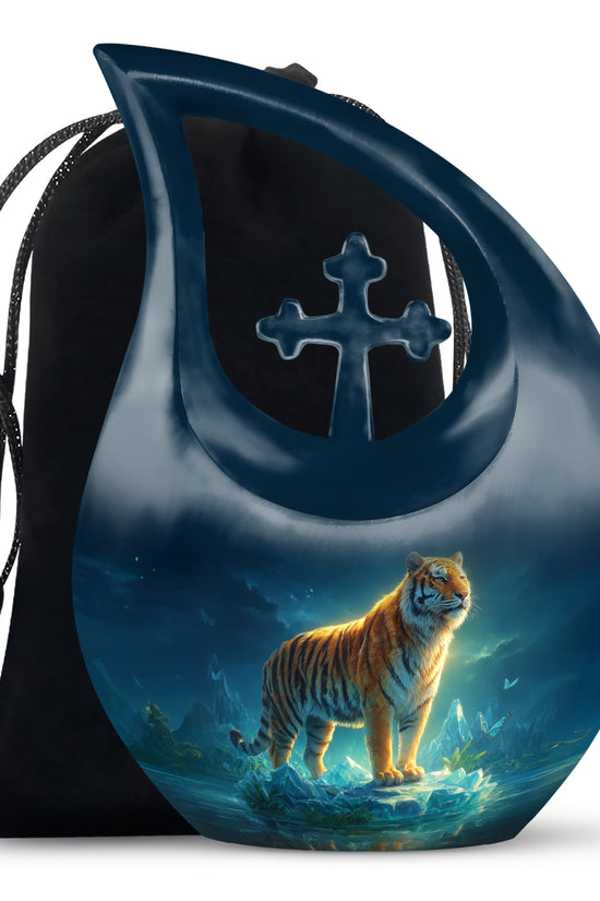 Mystical Tiger Funeral Urn - Blue Crystal Memorial Urn For Adult Ashes