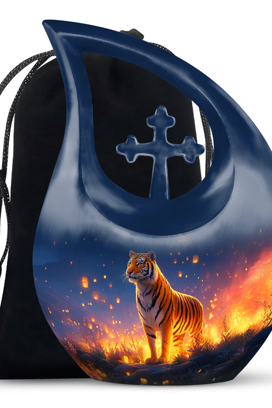 Mountain Tiger Memorial Urn - Beautiful Night Blue Funeral Urn For Humans