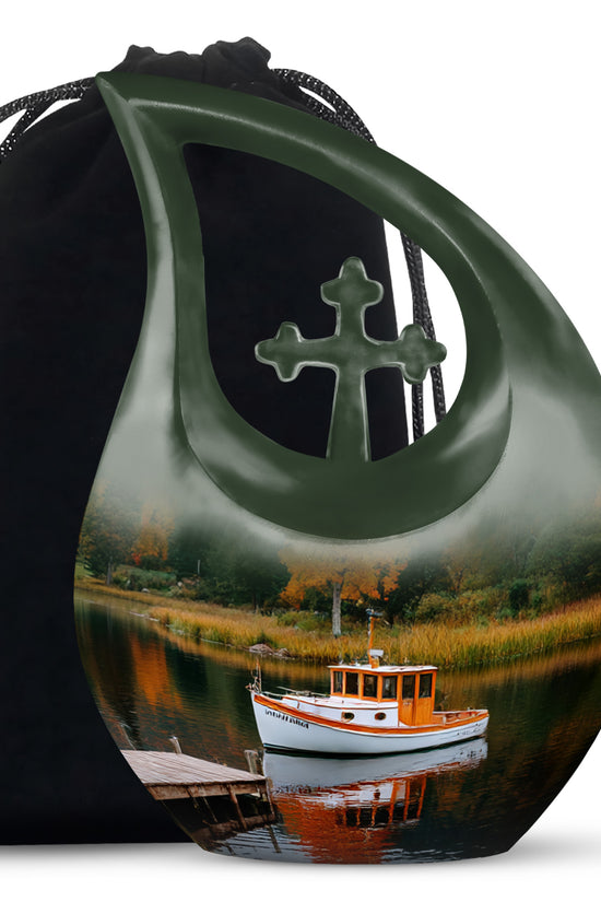 Boat Scenic Cremation Urn - Autumn Lake Memorial Urn For Ashes