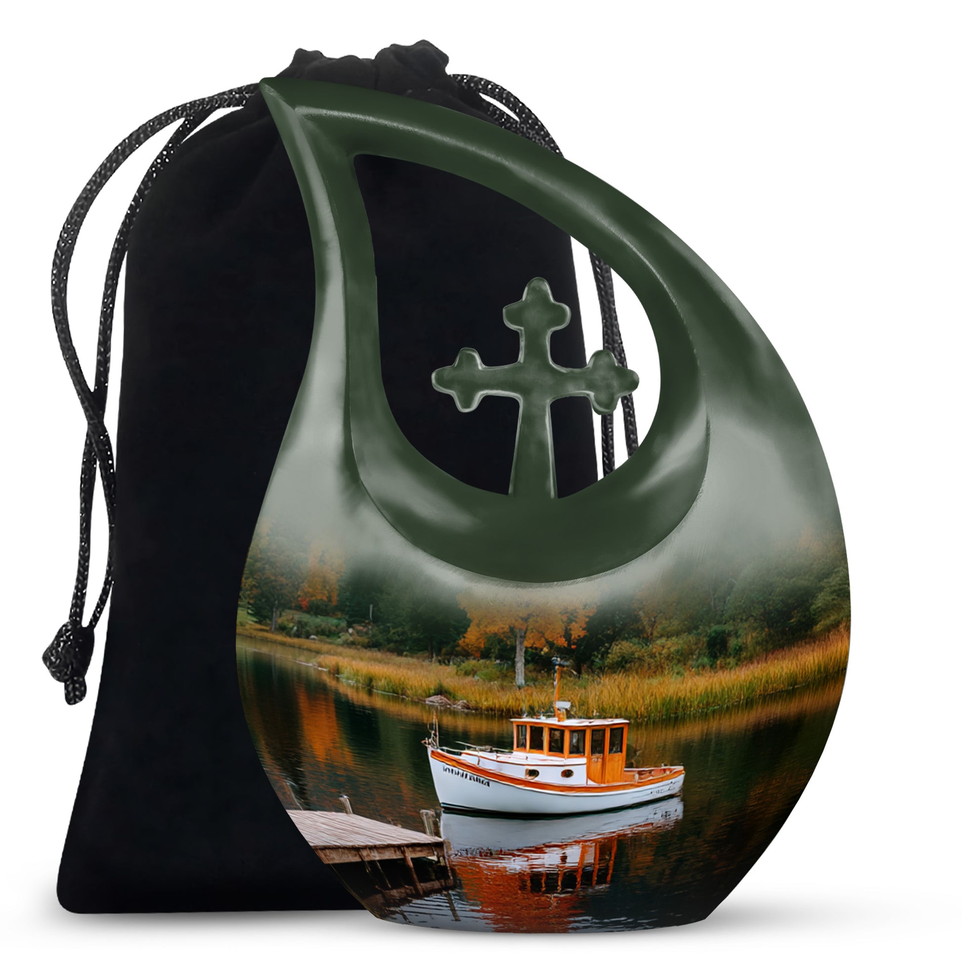 Boat Scenic Cremation Urn - Autumn Lake Memorial Urn For Ashes