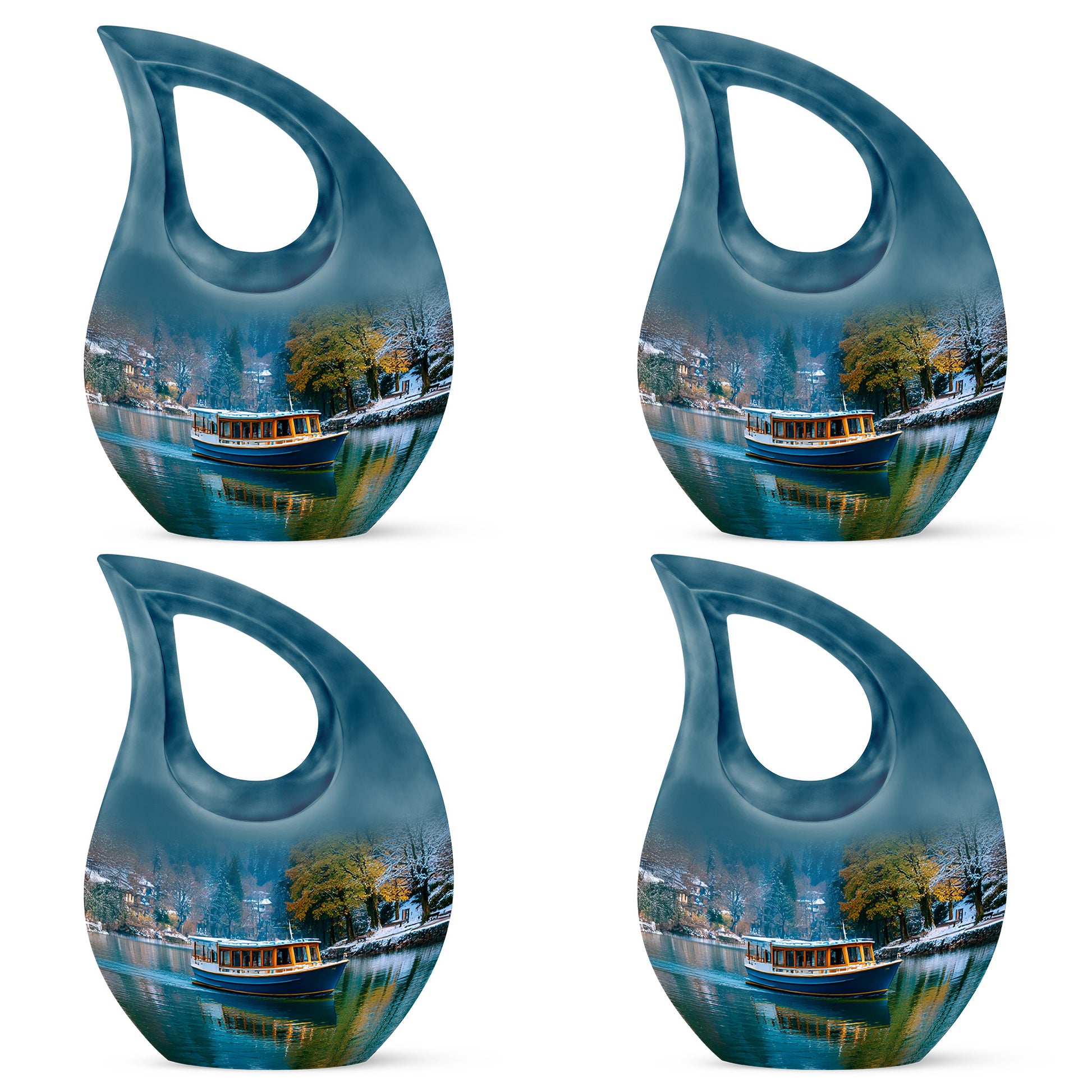 Powder Blue Boat Cremation Urn lifestyle display on memorial shelf - sacred cross merged with boat motif on metal - 10 inch aluminum urn for cremated remains