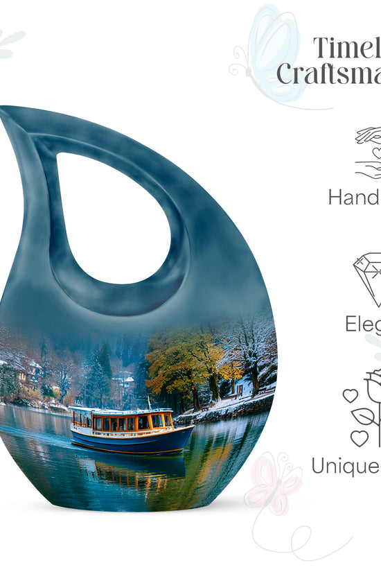 Slate Blue Boat Cremation Urn back view with polished surface - sacred cross merged with boat motif on metal - mini keepsake memorial for portion of cremation ashes