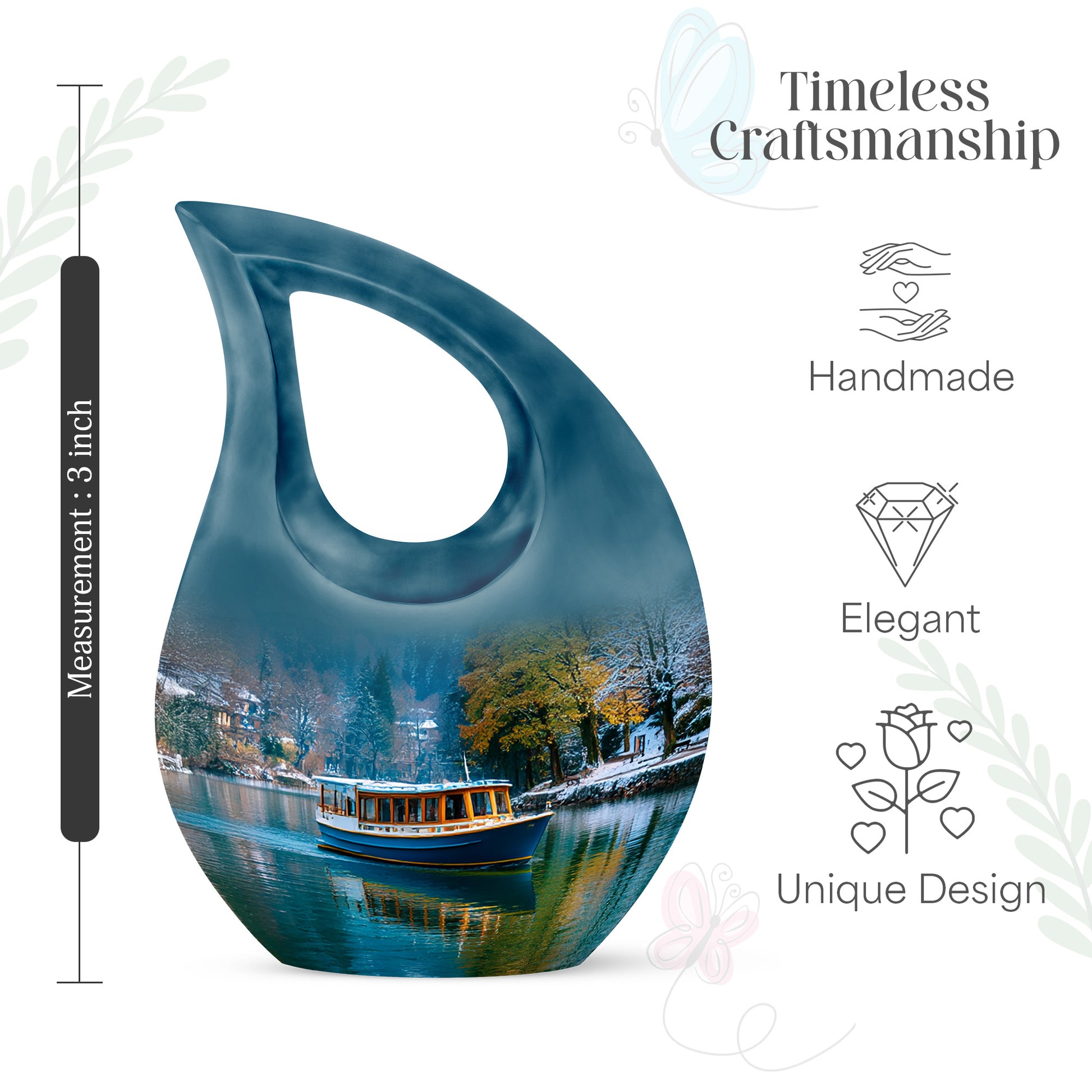 Slate Blue Boat Cremation Urn back view with polished surface - sacred cross merged with boat motif on metal - mini keepsake memorial for portion of cremation ashes