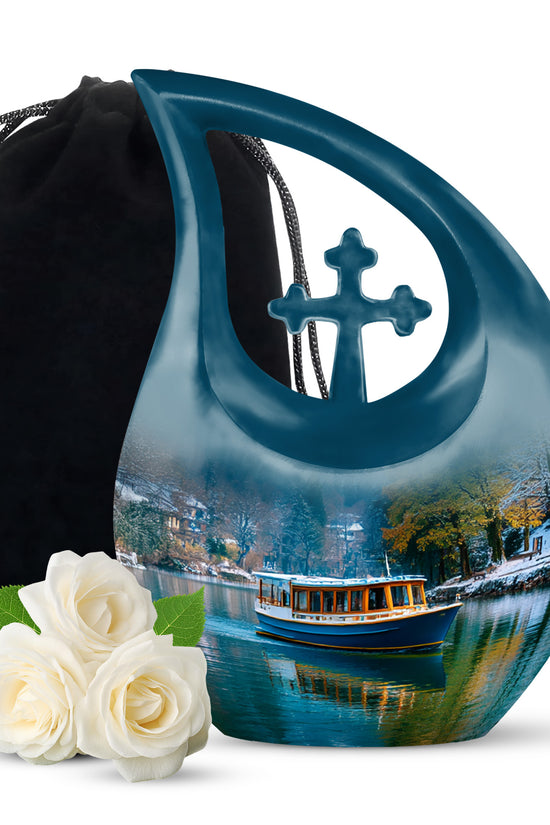 Cornflower Blue Boat Cremation Urn top-down view of secure threaded lid - faith-inspired cross-drop urn with boat pattern - full-size 10 inch 200 cubic inch adult cremation urn