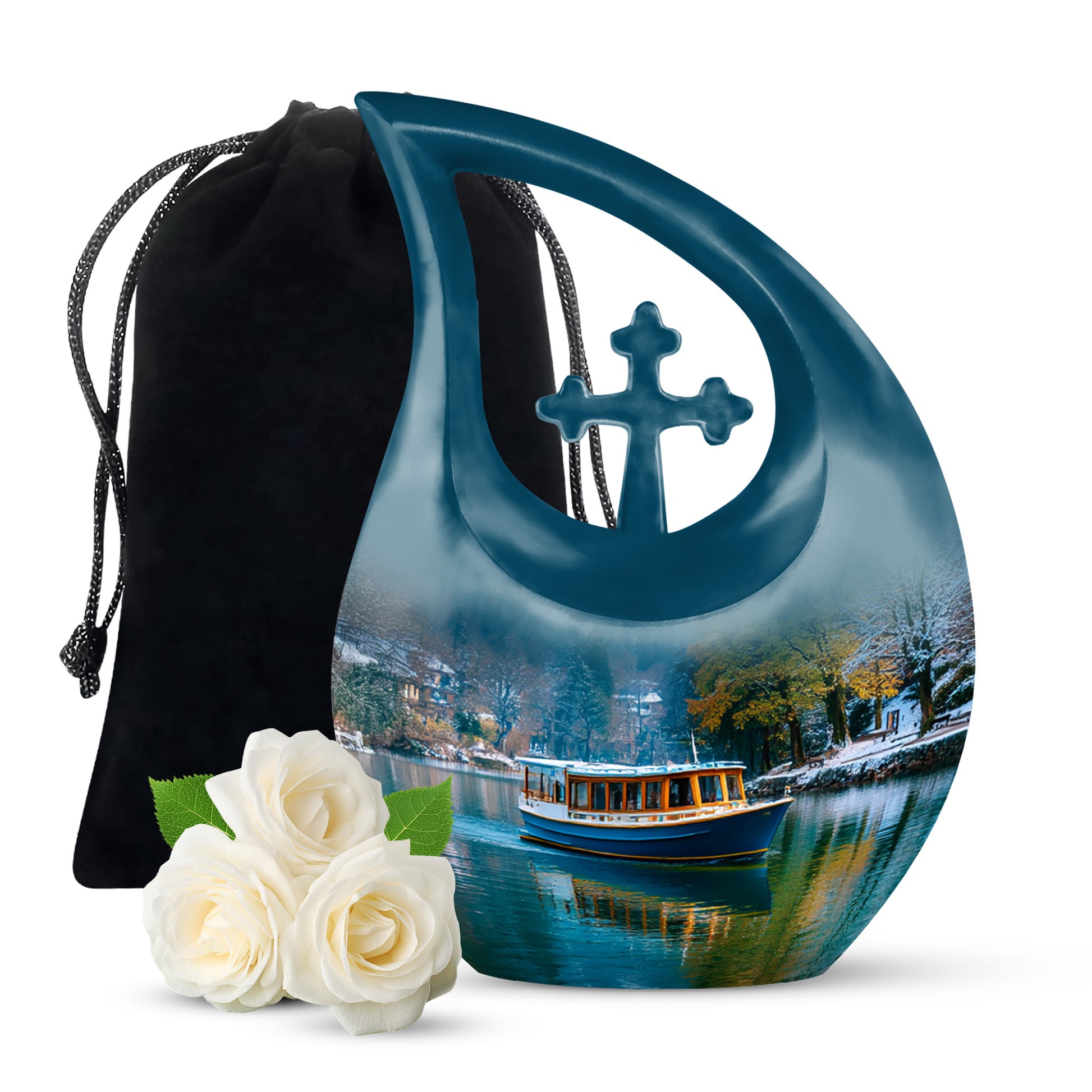 Cornflower Blue Boat Cremation Urn top-down view of secure threaded lid - faith-inspired cross-drop urn with boat pattern - full-size 10 inch 200 cubic inch adult cremation urn