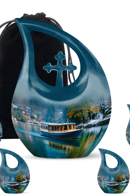 Twilight Blue Boat Cremation Urn urn with complimentary velvet bag - devotional cross-drop boat engraving - memorial set with one large and four small urns