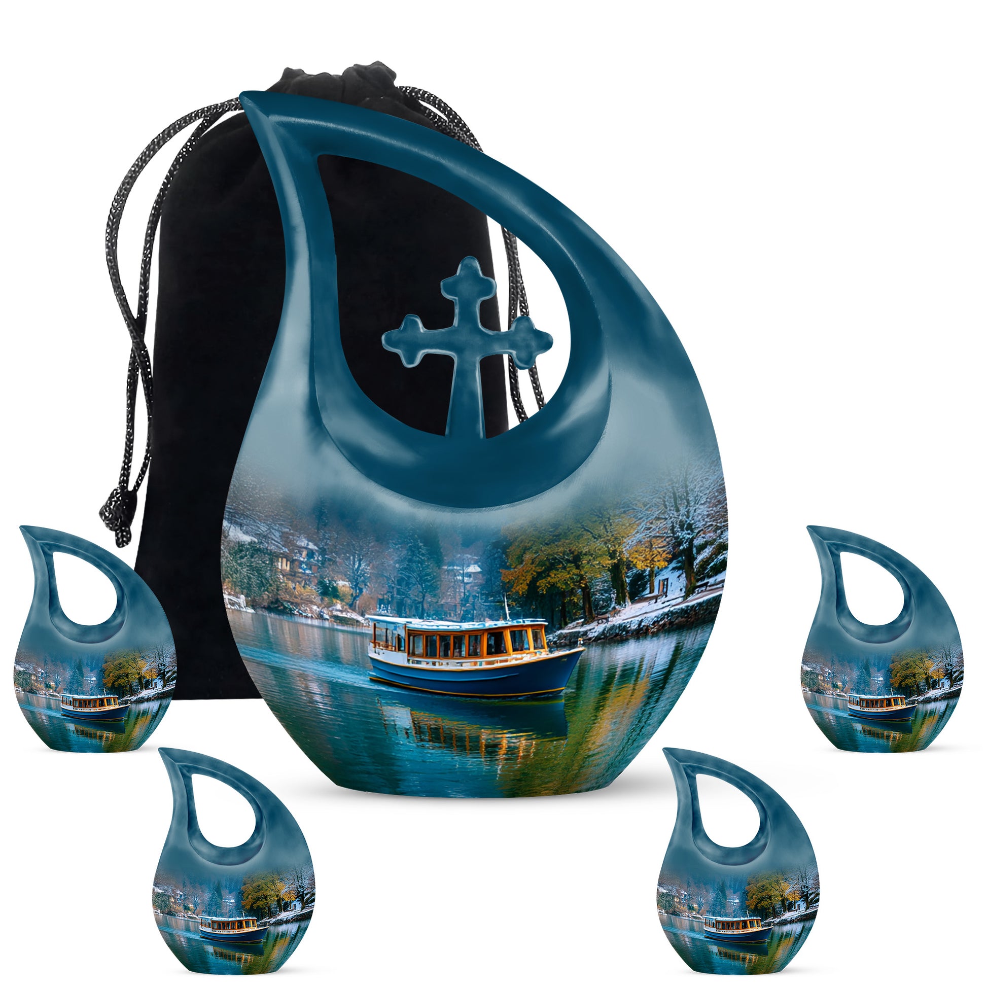 Twilight Blue Boat Cremation Urn urn with complimentary velvet bag - devotional cross-drop boat engraving - memorial set with one large and four small urns