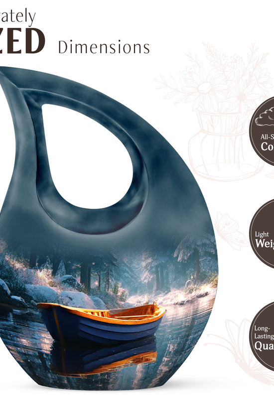 Tropical Teal Boat Cremation Urn back view with polished surface - devotional cross-drop boat engraving - mini keepsake memorial for portion of cremation ashes