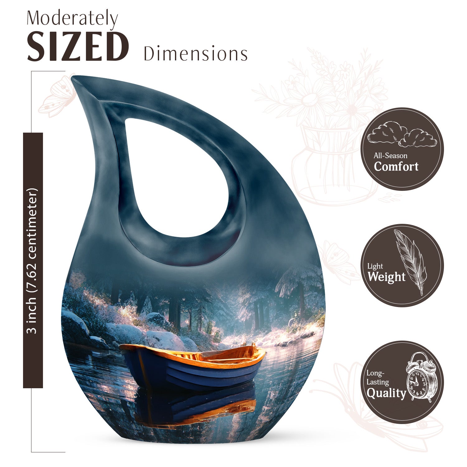 Tropical Teal Boat Cremation Urn back view with polished surface - devotional cross-drop boat engraving - mini keepsake memorial for portion of cremation ashes