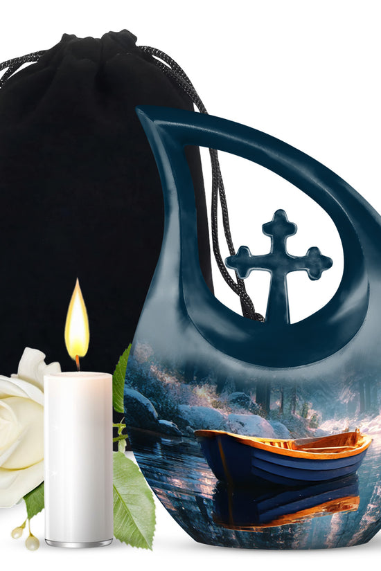 Vivid Teal Boat Cremation Urn top-down view of secure threaded lid - devotional cross-drop boat engraving - full-size 10 inch 200 cubic inch adult cremation urn