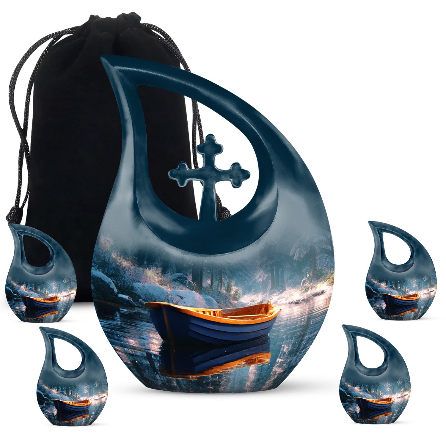 Tropical Teal Boat Cremation Urn urn with complimentary velvet bag - faith-inspired cross-drop urn with boat pattern - memorial set with one large and four small urns