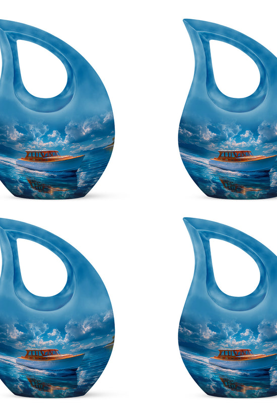 Bright Blue Boat Cremation Urn lifestyle display on memorial shelf - devotional cross-drop boat engraving - 10 inch aluminum urn for cremated remains