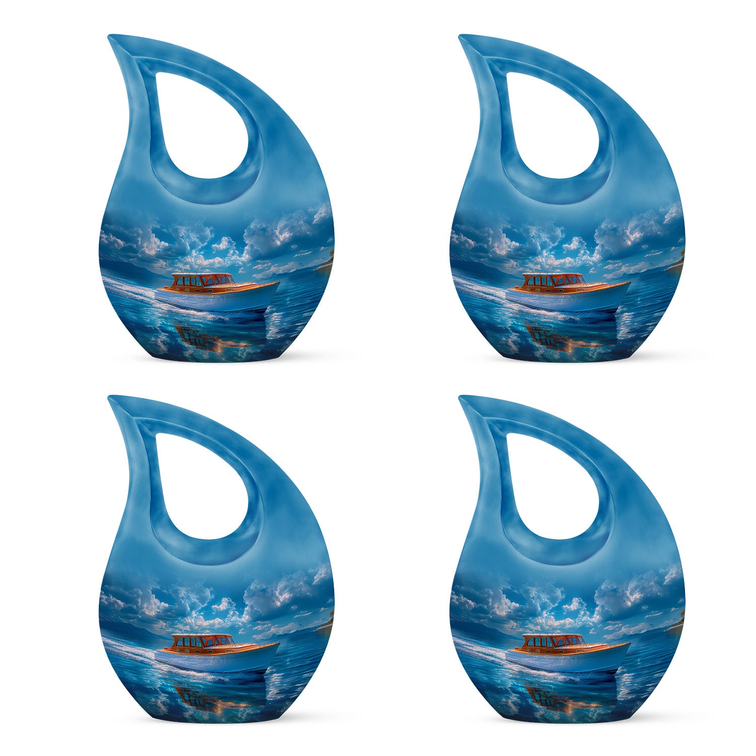 Bright Blue Boat Cremation Urn lifestyle display on memorial shelf - devotional cross-drop boat engraving - 10 inch aluminum urn for cremated remains