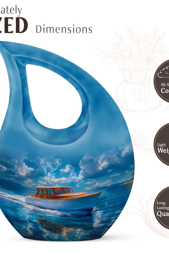 Slate Blue Boat Cremation Urn back view with polished surface - cross and boat combined in spiritual memorial design - mini keepsake memorial for portion of cremation ashes