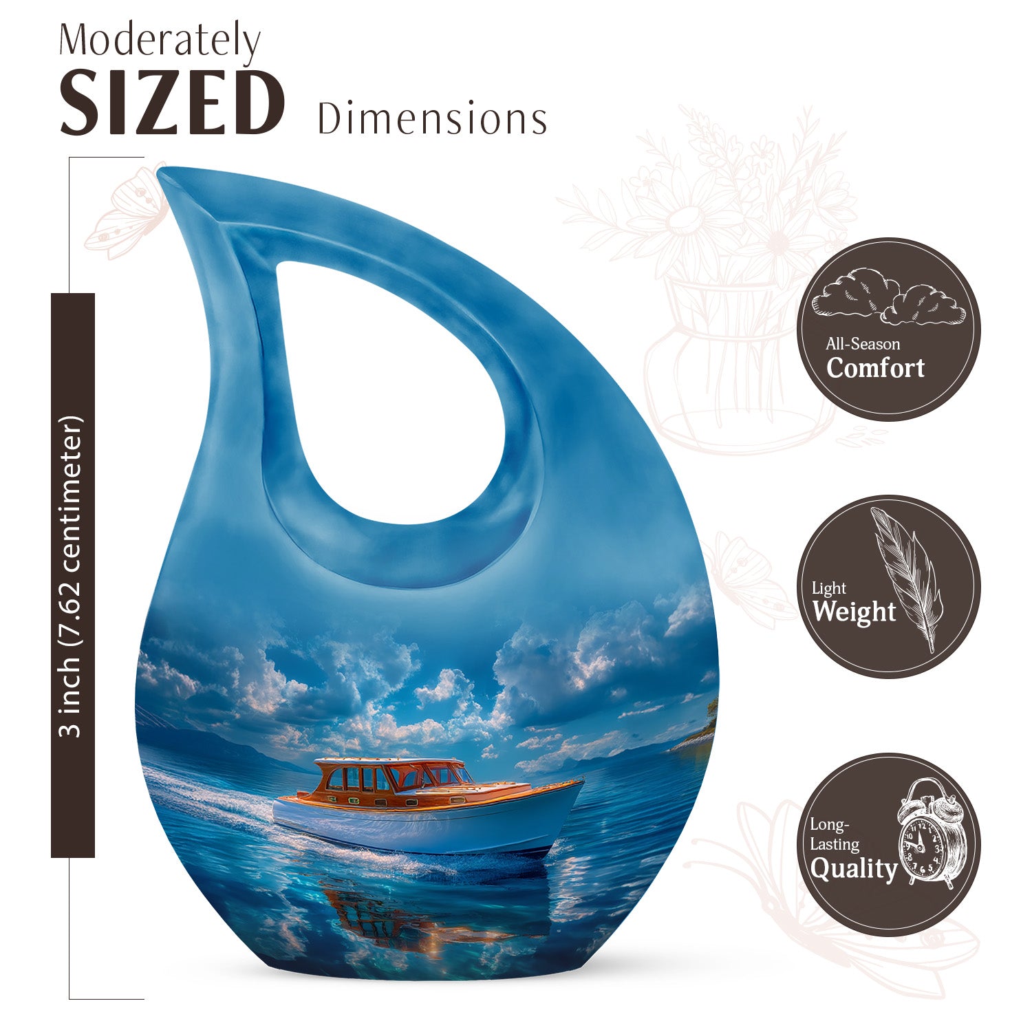 Slate Blue Boat Cremation Urn back view with polished surface - cross and boat combined in spiritual memorial design - mini keepsake memorial for portion of cremation ashes