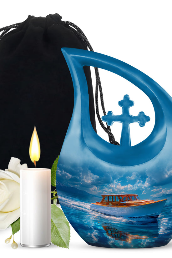 Twilight Blue Boat Cremation Urn top-down view of secure threaded lid - devotional cross-drop boat engraving - full-size 10 inch 200 cubic inch adult cremation urn
