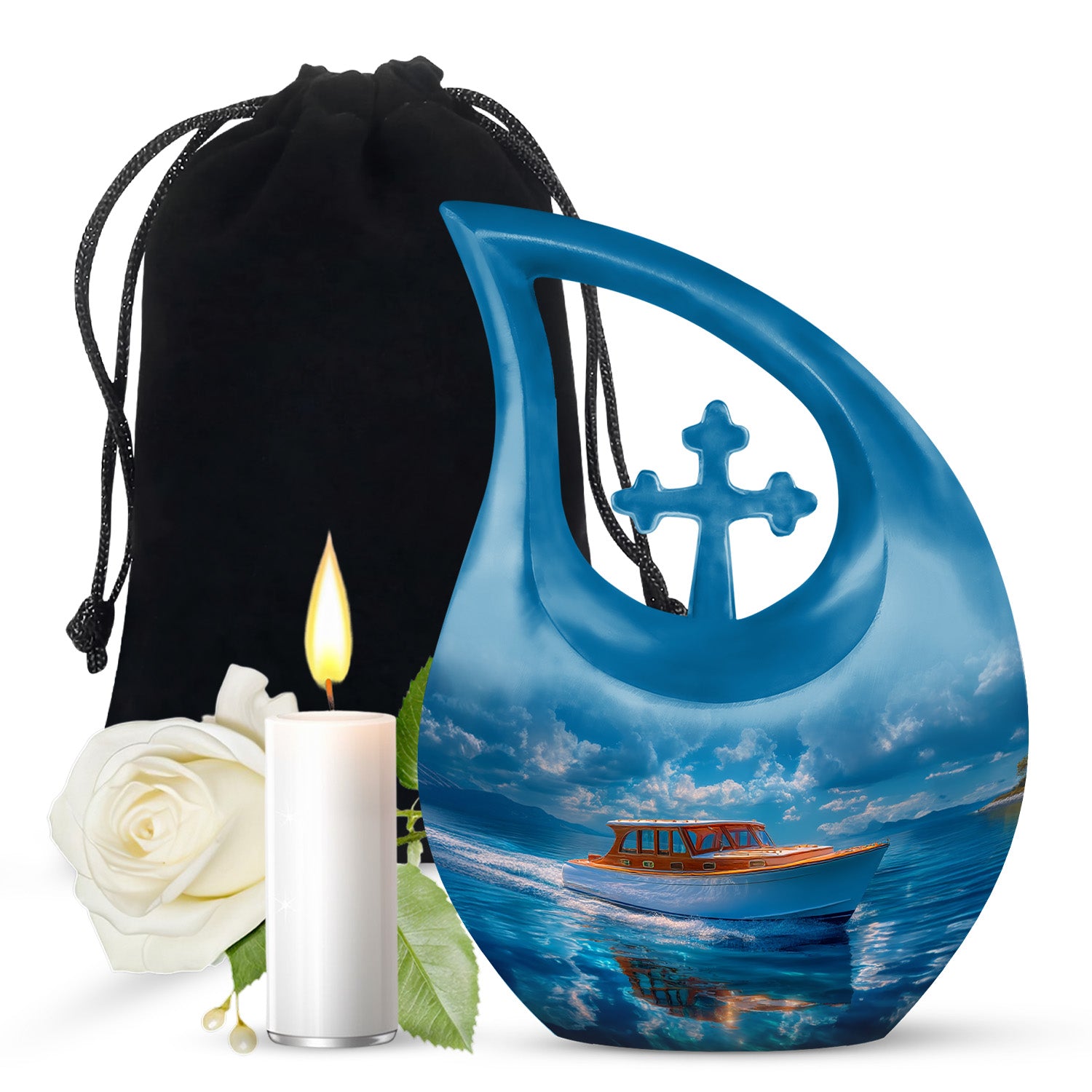 Twilight Blue Boat Cremation Urn top-down view of secure threaded lid - devotional cross-drop boat engraving - full-size 10 inch 200 cubic inch adult cremation urn