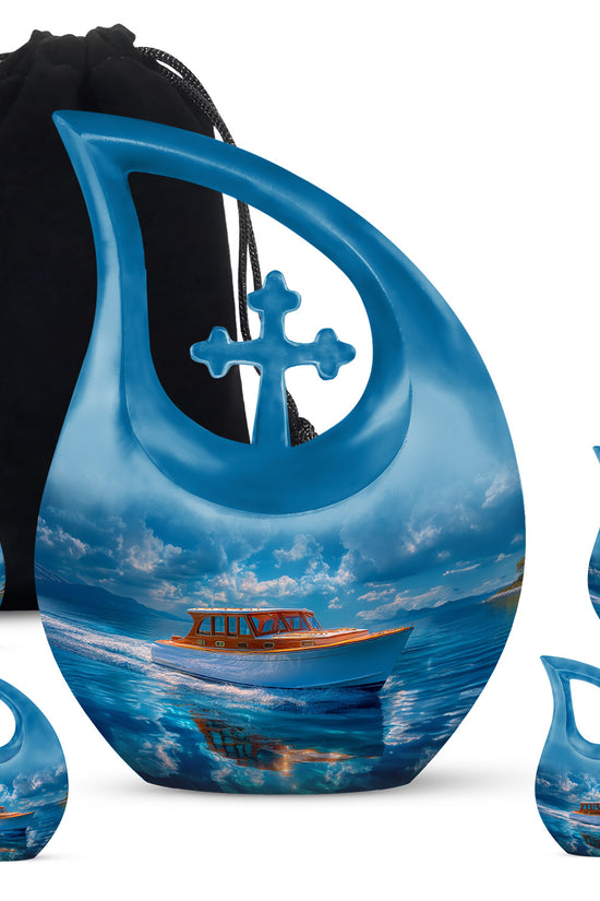 Misty Blue Boat Cremation Urn urn with complimentary velvet bag - sacred cross merged with boat motif on metal - memorial set with one large and four small urns