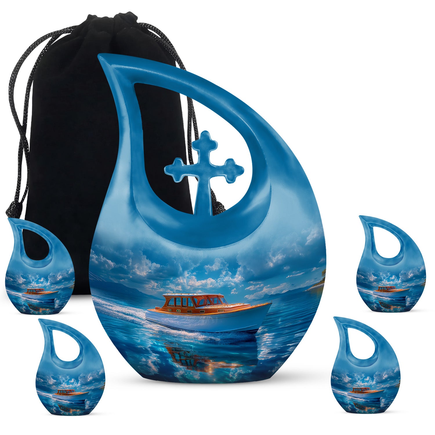 Misty Blue Boat Cremation Urn urn with complimentary velvet bag - sacred cross merged with boat motif on metal - memorial set with one large and four small urns