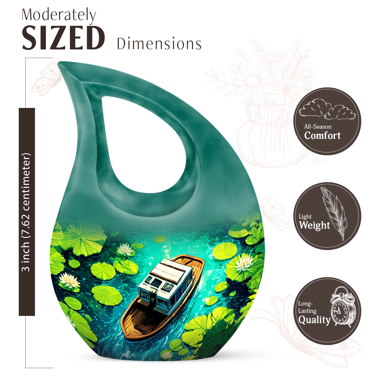 Pastel Blue Boat Cremation Urn back view with polished surface - sacred cross merged with boat motif on metal - mini keepsake memorial for portion of cremation ashes