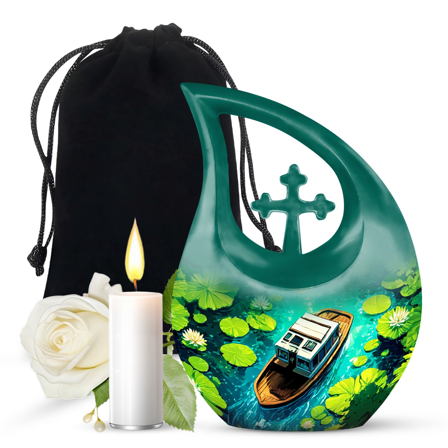 Icy Blue Boat Cremation Urn top-down view of secure threaded lid - sacred cross merged with boat motif on metal - full-size 10 inch 200 cubic inch adult cremation urn