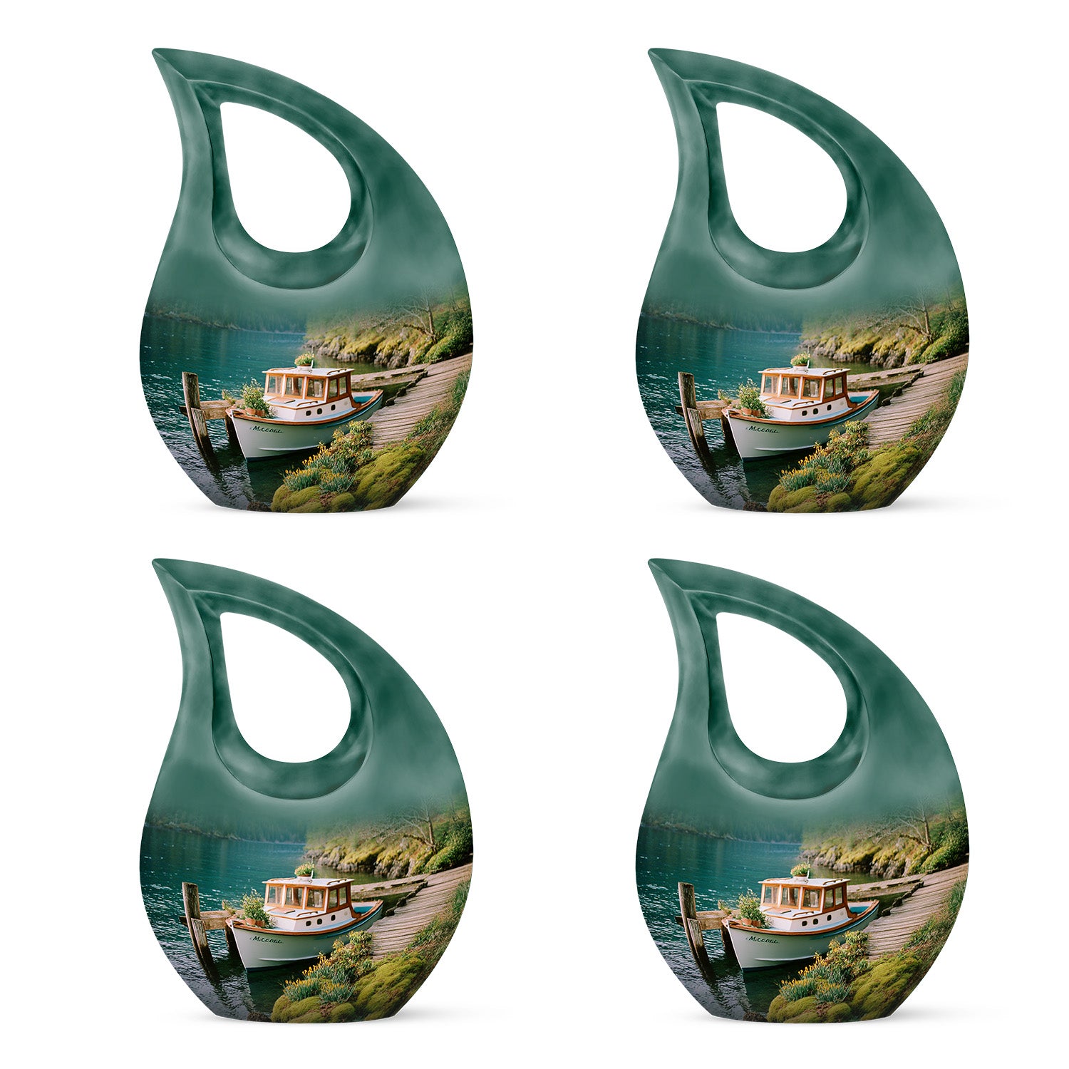 Sea Green Teal Boat Cremation Urn lifestyle display on memorial shelf - cross and boat combined in spiritual memorial design - 10 inch aluminum urn for cremated remains