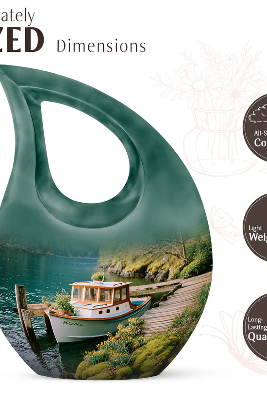 Jewel Teal Boat Cremation Urn back view with polished surface - cross and boat combined in spiritual memorial design - mini keepsake memorial for portion of cremation ashes