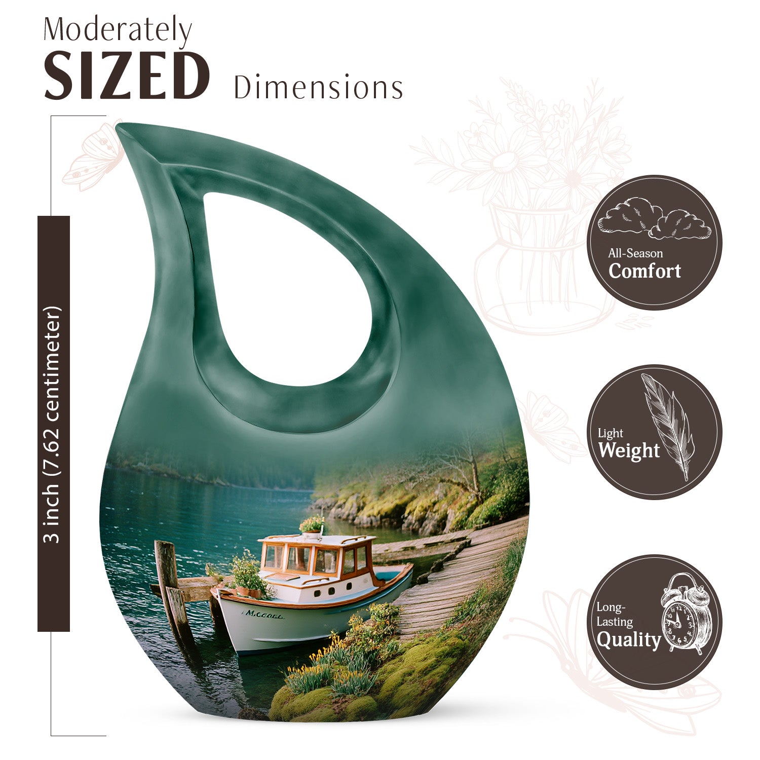 Jewel Teal Boat Cremation Urn back view with polished surface - cross and boat combined in spiritual memorial design - mini keepsake memorial for portion of cremation ashes