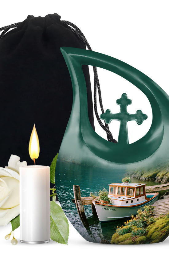 Tropical Teal Boat Cremation Urn top-down view of secure threaded lid - devotional cross-drop boat engraving - full-size 10 inch 200 cubic inch adult cremation urn
