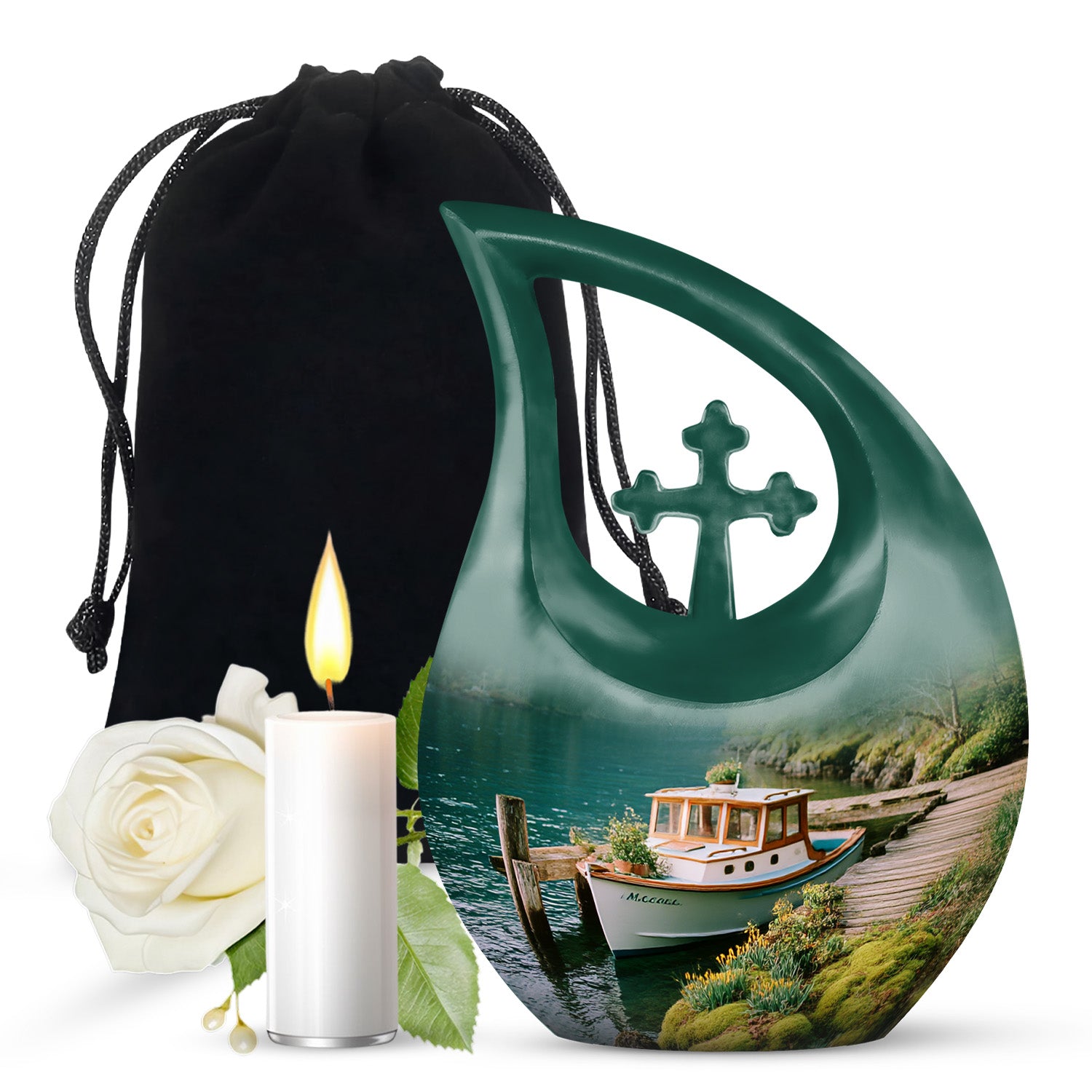 Tropical Teal Boat Cremation Urn top-down view of secure threaded lid - devotional cross-drop boat engraving - full-size 10 inch 200 cubic inch adult cremation urn