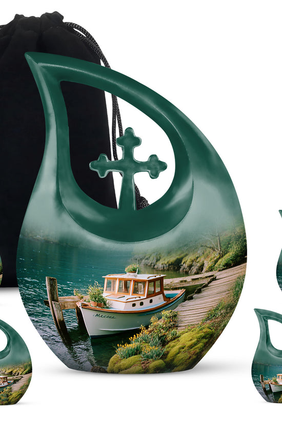 Ocean Teal Boat Cremation Urn urn with complimentary velvet bag - cross and boat combined in spiritual memorial design - memorial set with one large and four small urns
