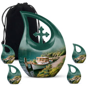 Ocean Teal Boat Cremation Urn urn with complimentary velvet bag - cross and boat combined in spiritual memorial design - memorial set with one large and four small urns