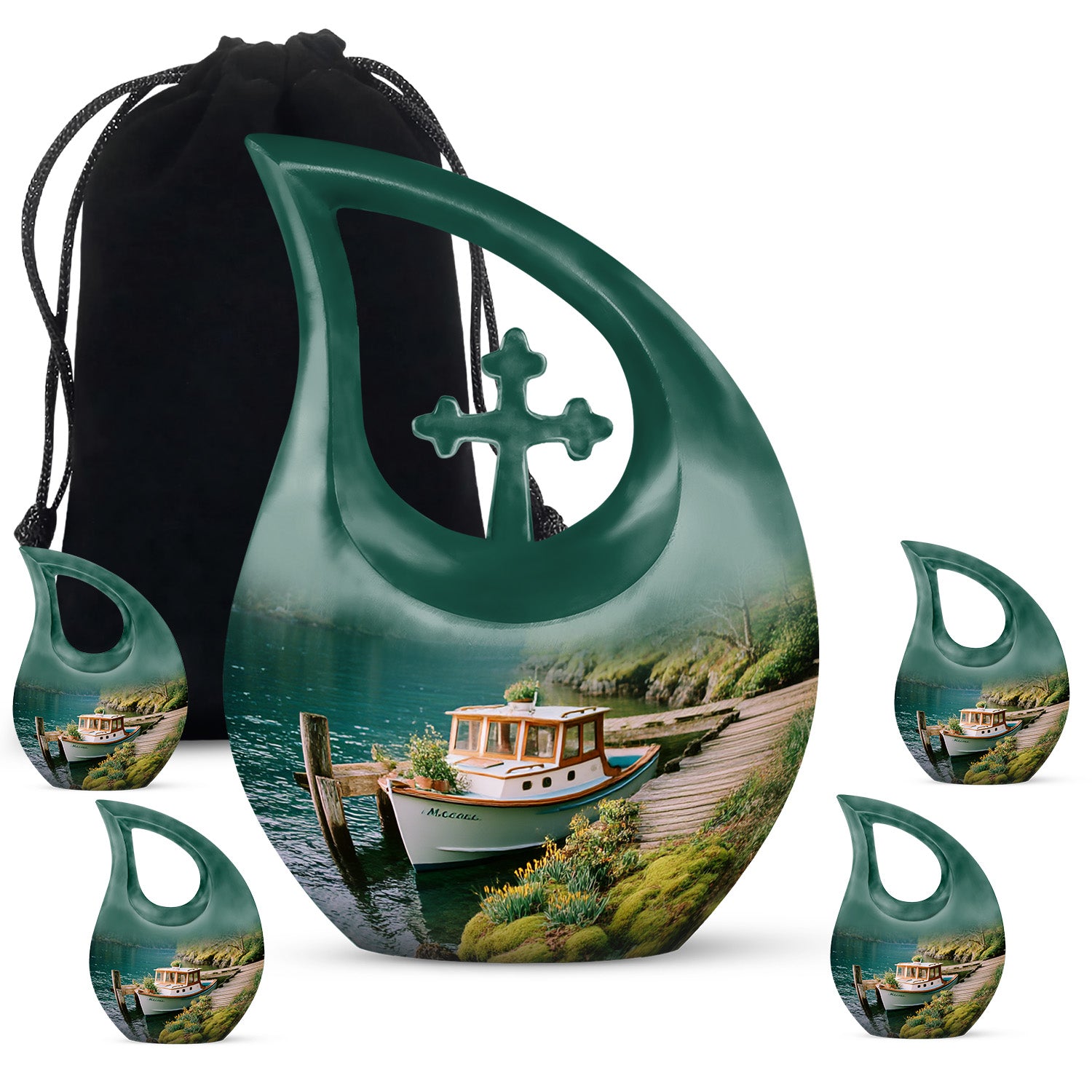 Ocean Teal Boat Cremation Urn urn with complimentary velvet bag - cross and boat combined in spiritual memorial design - memorial set with one large and four small urns