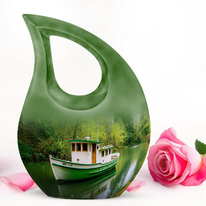 Green Boat Cremation Urns - Glorious Memorial 10-inch, 200 cu in - Karyliz