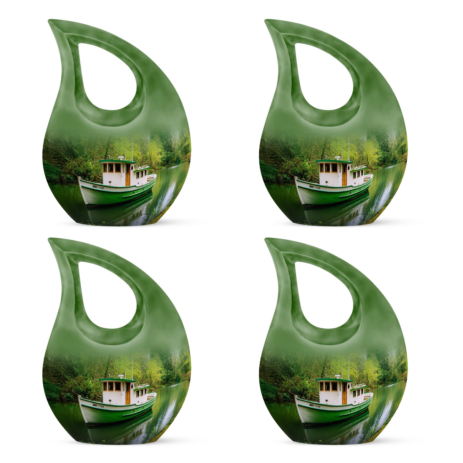 Sage Green Boat Cremation Urn lifestyle display on memorial shelf - sacred cross merged with boat motif on metal - 10 inch aluminum urn for cremated remains