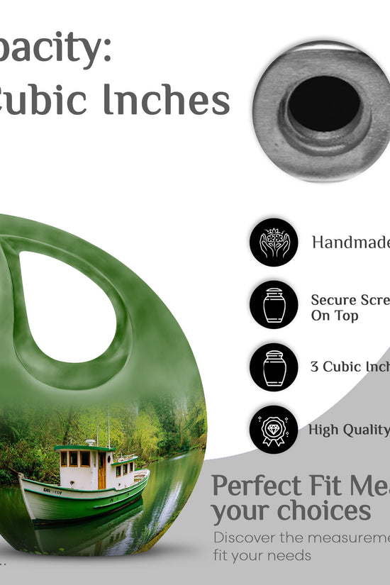 Olive Green Boat Cremation Urn back view with polished surface - faith-inspired cross-drop urn with boat pattern - mini keepsake memorial for portion of cremation ashes