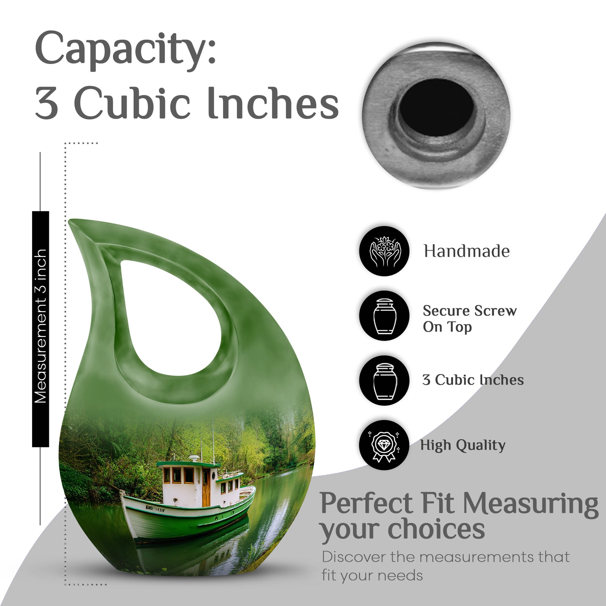 Olive Green Boat Cremation Urn back view with polished surface - faith-inspired cross-drop urn with boat pattern - mini keepsake memorial for portion of cremation ashes