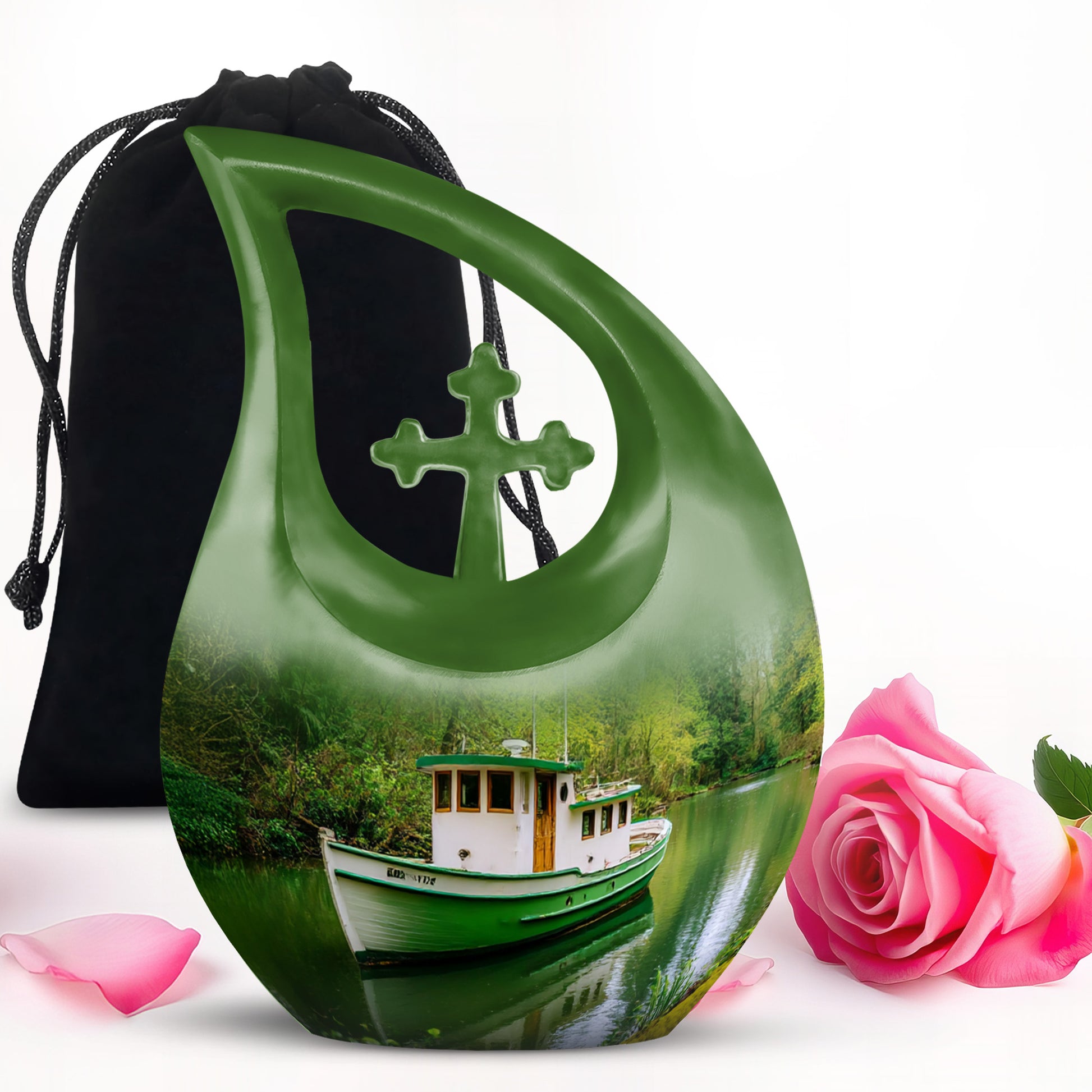 Mint Green Boat Cremation Urn top-down view of secure threaded lid - faith-inspired cross-drop urn with boat pattern - full-size 10 inch 200 cubic inch adult cremation urn