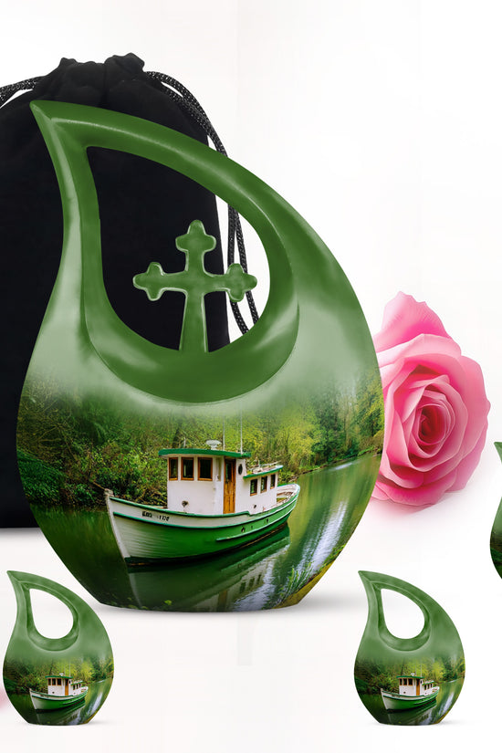 Olive Green Boat Cremation Urn urn with complimentary velvet bag - devotional cross-drop boat engraving - memorial set with one large and four small urns