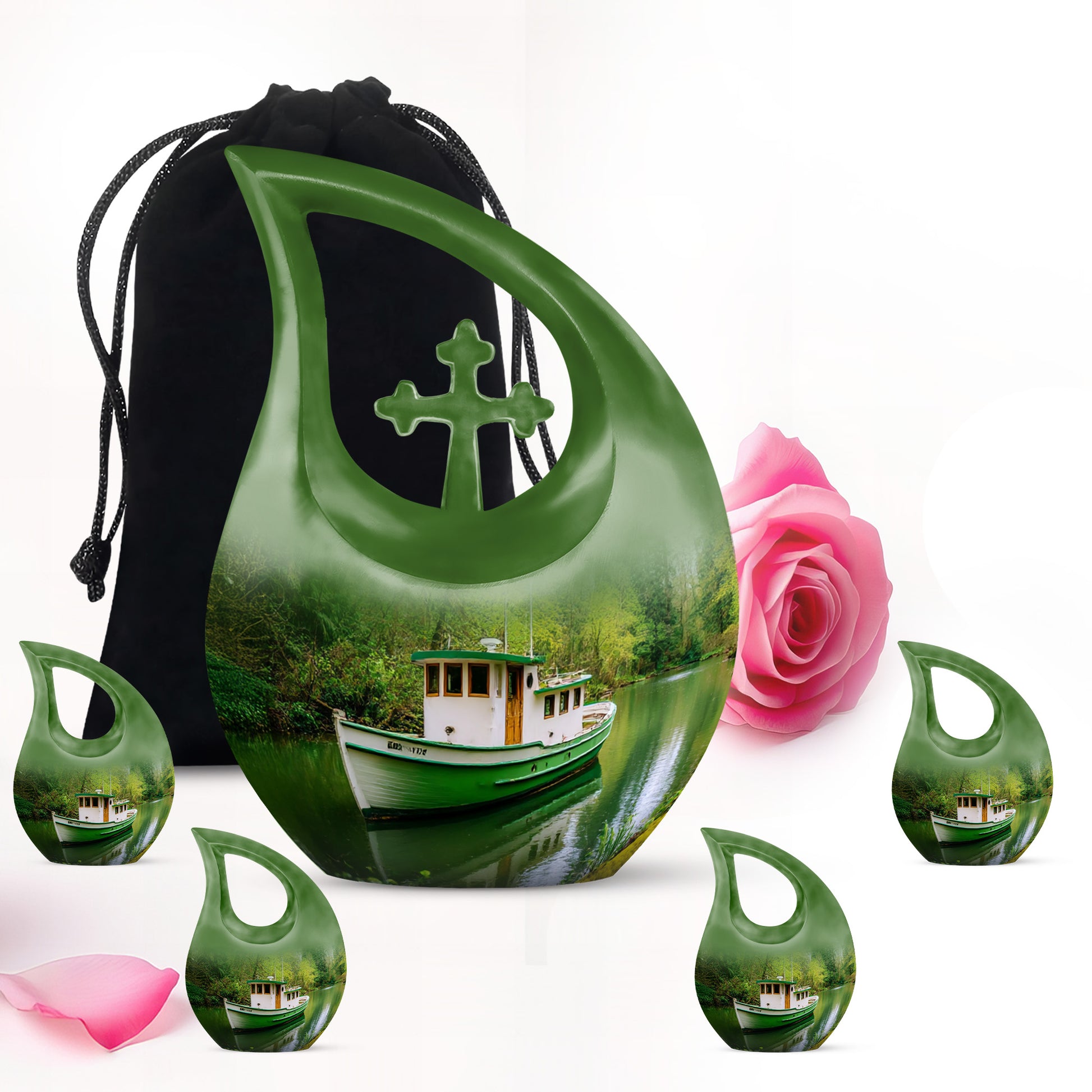 Olive Green Boat Cremation Urn urn with complimentary velvet bag - devotional cross-drop boat engraving - memorial set with one large and four small urns