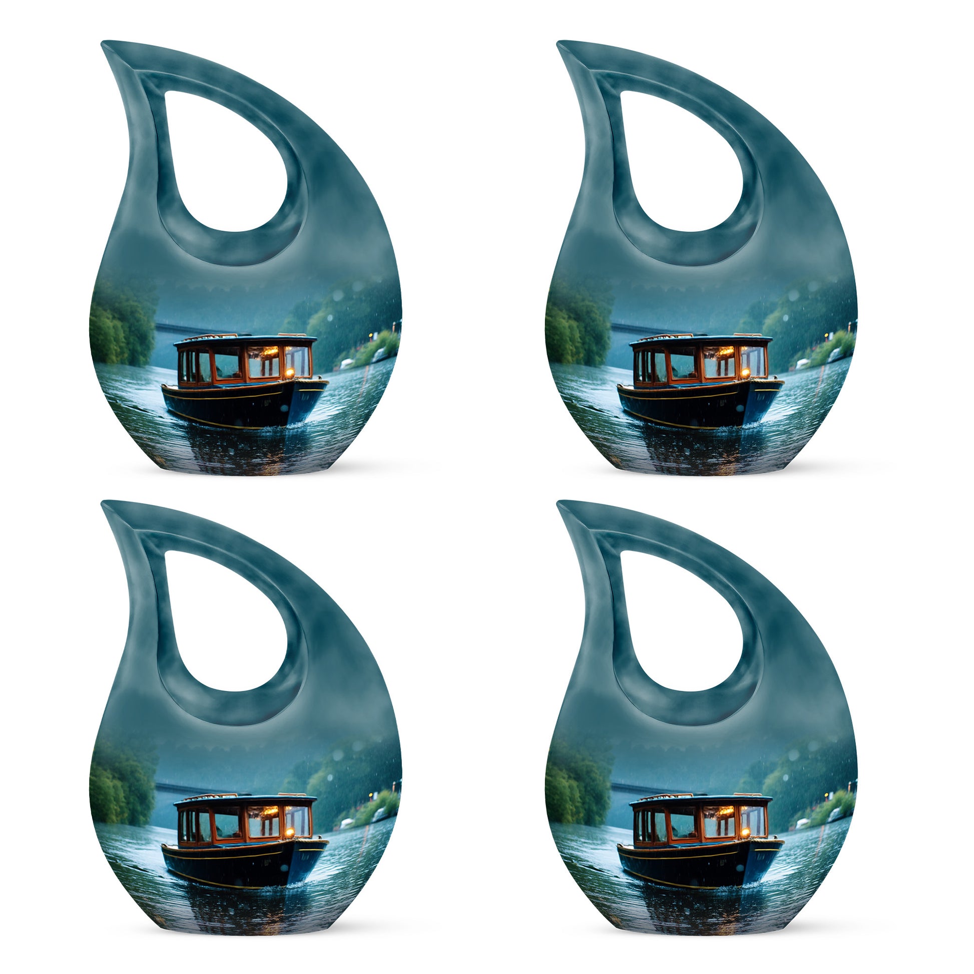 Cream White Boat Cremation Urn lifestyle display on memorial shelf - faith-inspired cross-drop urn with boat pattern - 10 inch aluminum urn for cremated remains