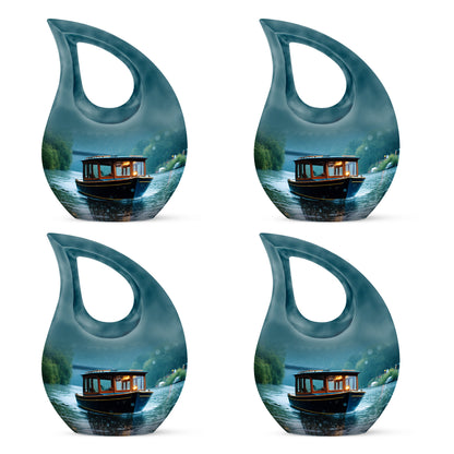 Cream White Boat Cremation Urn lifestyle display on memorial shelf - faith-inspired cross-drop urn with boat pattern - 10 inch aluminum urn for cremated remains