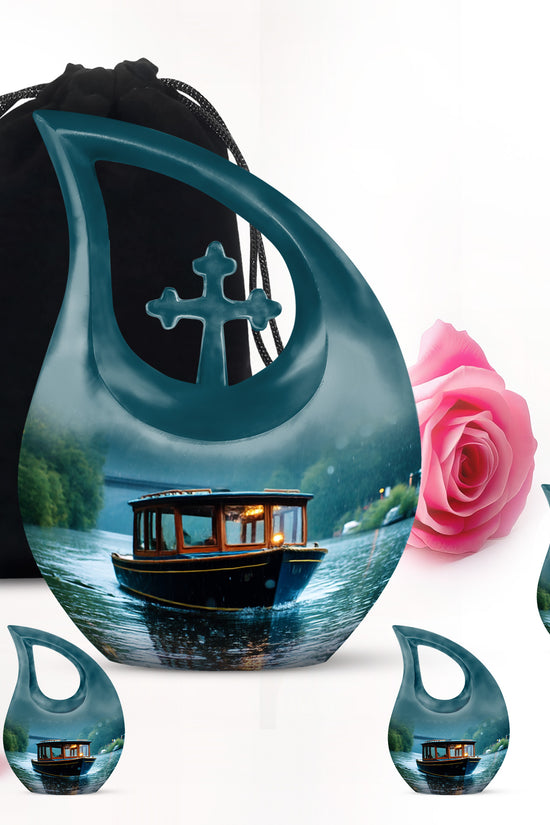 Pearl White Boat Cremation Urn urn with complimentary velvet bag - devotional cross-drop boat engraving - memorial set with one large and four small urns