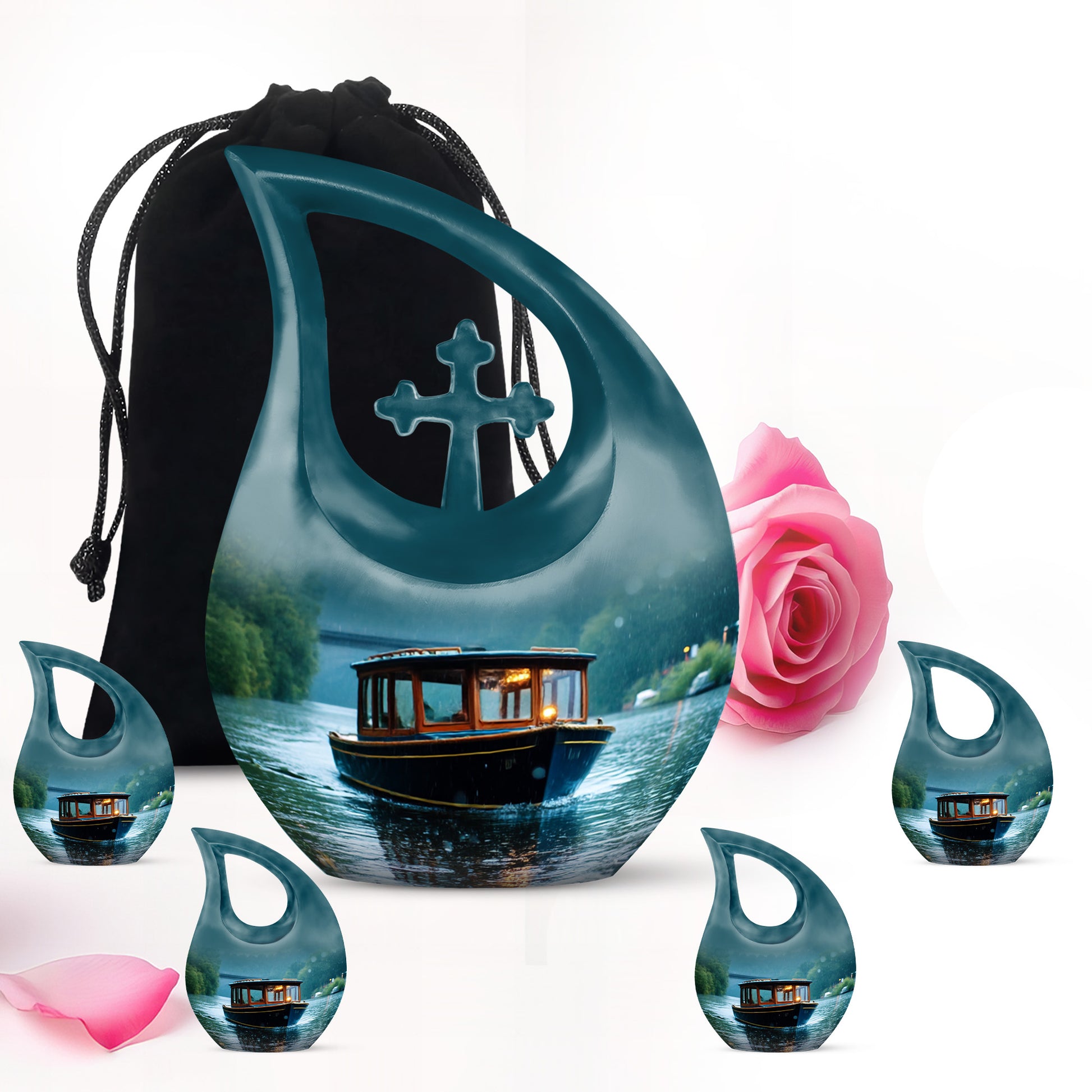 Pearl White Boat Cremation Urn urn with complimentary velvet bag - devotional cross-drop boat engraving - memorial set with one large and four small urns