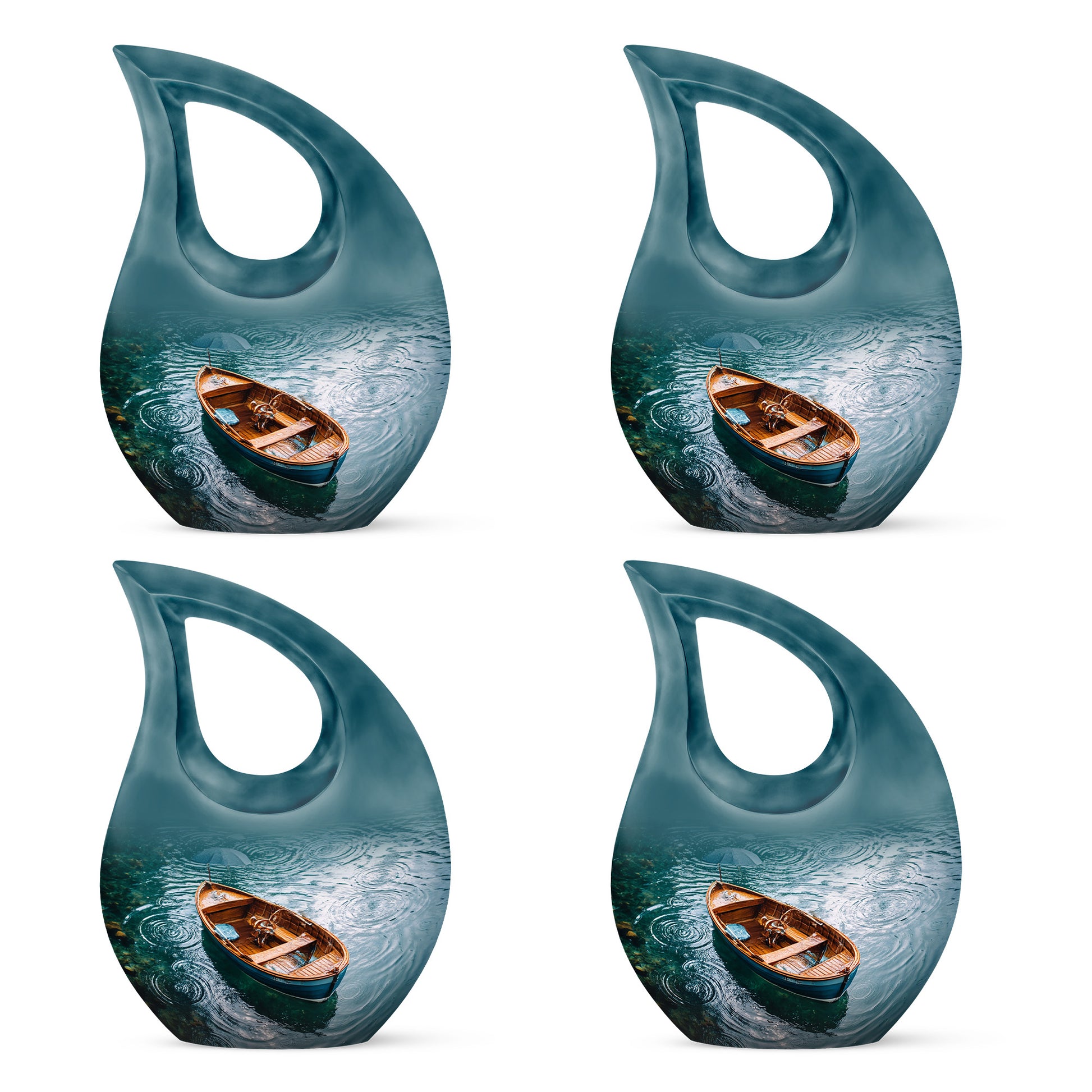 Jewel Teal Boat Cremation Urn lifestyle display on memorial shelf - cross and boat combined in spiritual memorial design - 10 inch aluminum urn for cremated remains